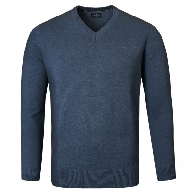 Elegancki SWETER Męski w Serek Bawełniany Gładki DIEGO GRANATOWY Melanż Pako Jeans - Pakojeans.pl