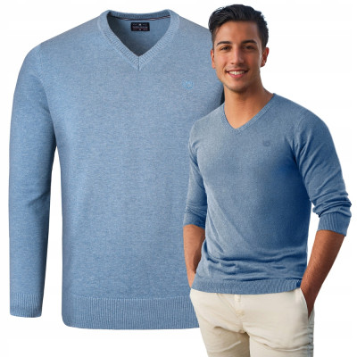Elegancki SWETER Męski w Serek Bawełniany Gładki DIEGO JEANSOWY Melanż Pako Jeans - Pakojeans.pl