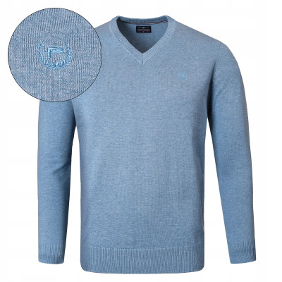 Elegancki SWETER Męski w Serek Bawełniany Gładki DIEGO JEANSOWY Melanż Pako Jeans - Pakojeans.pl