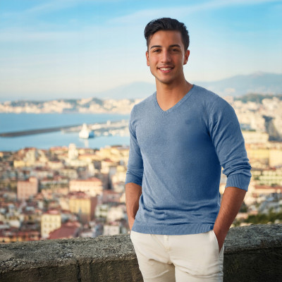 Elegancki SWETER Męski w Serek Bawełniany Gładki DIEGO JEANSOWY Melanż Pako Jeans - Pakojeans.pl