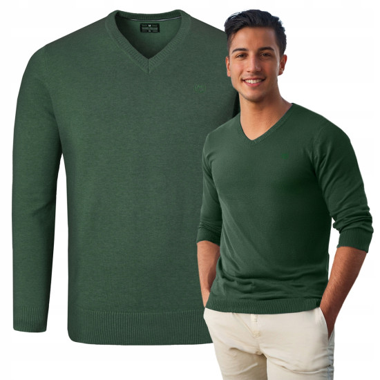 Elegancki SWETER Męski w Serek Bawełniany Gładki DIEGO ZIELONY Pako Jeans - Pakojeans.pl