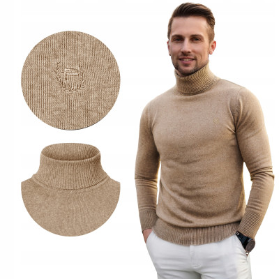 Klasyczny GOLF Sweter Męski Elegancki Bawełniany GUSTAVO BEŻOWY Melanż Pako Jeans - Pakojeans.pl