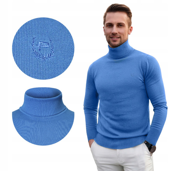 Klasyczny GOLF Sweter Męski Elegancki Bawełniany GUSTAVO NIEBIESKI Pako Jeans - Pakojeans.pl