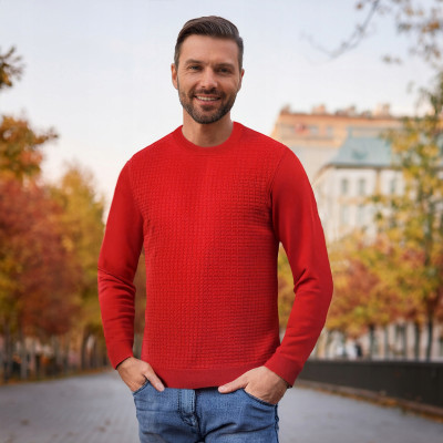Elegancki SWETER Męski Klasyczny LICE CZERWONY Bawełniany Pako Jeans - Pakojeans.pl