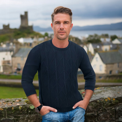 Elegancki SWETER Męski z Warkoczem RINE GRANATOWY Bawełniany Pako Jeans - Pakojeans.pl