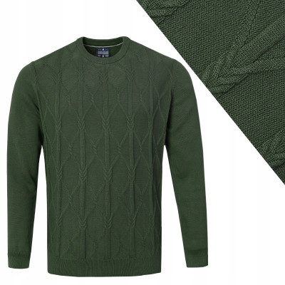 Elegancki SWETER Męski z Warkoczem RINE CIEMNOZIELONY Bawełniany Pako Jeans - Pakojeans.pl