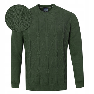 Elegancki SWETER Męski z Warkoczem RINE CIEMNOZIELONY Bawełniany Pako Jeans - Pakojeans.pl