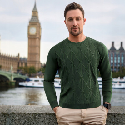 Elegancki SWETER Męski z Warkoczem RINE CIEMNOZIELONY Bawełniany Pako Jeans - Pakojeans.pl