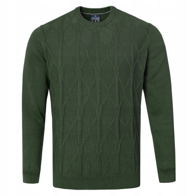 Elegancki SWETER Męski z Warkoczem RINE CIEMNOZIELONY Bawełniany Pako Jeans - Pakojeans.pl