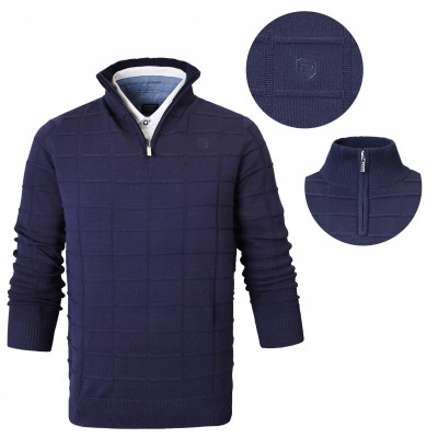 SWETER Męski z Rozpinanym Półgolfem na Suwak Bawełna FABIO GRANATOWY Pako Jeans - Pakojeans.pl