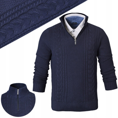 SWETER Męski z Rozpinanym Półgolfem na Suwak Ciepły GRANATOWY Pako Jeans - Pakojeans.pl