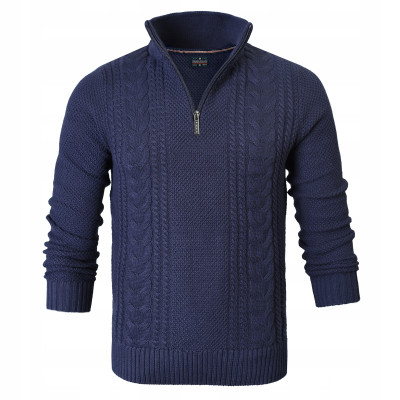 SWETER Męski z Rozpinanym Półgolfem na Suwak Ciepły GRANATOWY Pako Jeans - Pakojeans.pl