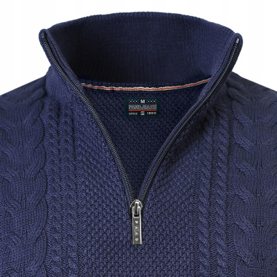 SWETER Męski z Rozpinanym Półgolfem na Suwak Ciepły GRANATOWY Pako Jeans - Pakojeans.pl