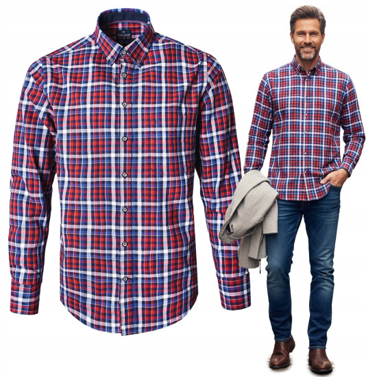 KOSZULA Męska z Długim Rękawem w KRATKĘ Bawełniana AMES Regular Fit Pako Jeans - Pakojeans.pl