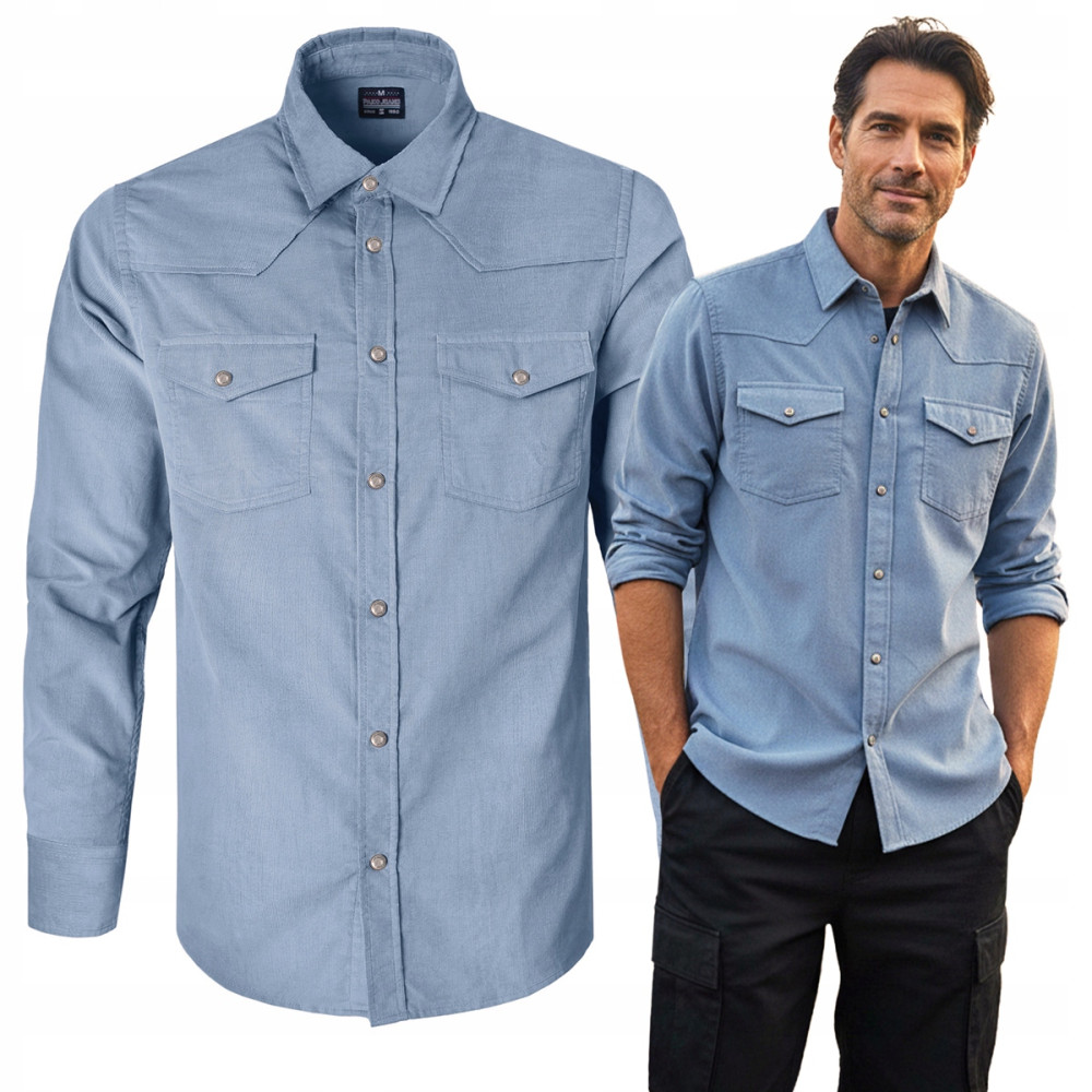 KOSZULA Męska z Długim Rękawem SZTRUKSOWA Niebieska RUDO Regular Fit Pako Jeans - Pakojeans.pl KOSZULA Męska z Długim Rękawem SZTRUKSOWA Niebieska RUDO Regular Fit Pako Jeans - Pakojeans.pl