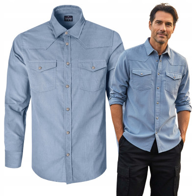 KOSZULA Męska z Długim Rękawem SZTRUKSOWA Niebieska RUDO Regular Fit Pako Jeans - Pakojeans.pl