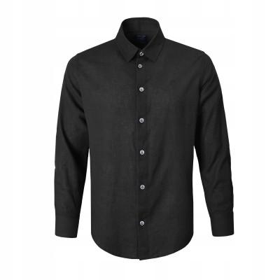 KOSZULA Męska z Długim Rękawem TWIN LNIANA Czarna Regular Fit Pako Jeans - Pakojeans.pl