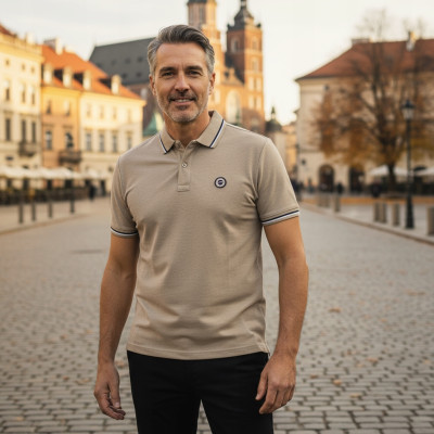 POLO Koszulka Męska BEŻOWA Bawełniana MAKSIM Elegancka Pako Jeans - Pakojeans.pl