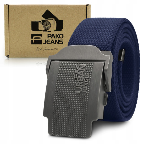 PASEK Męski do Spodni Parciany z Solidną Klamrą JUNGLE Granatowy PREMIUM Pako Jeans - Pakojeans.pl
