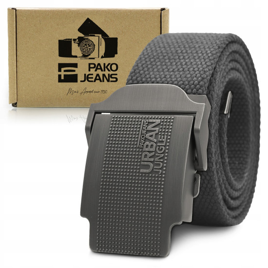 PASEK Męski do Spodni Parciany z Solidną Klamrą JUNGLE Szary PREMIUM Pako Jeans - Pakojeans.pl