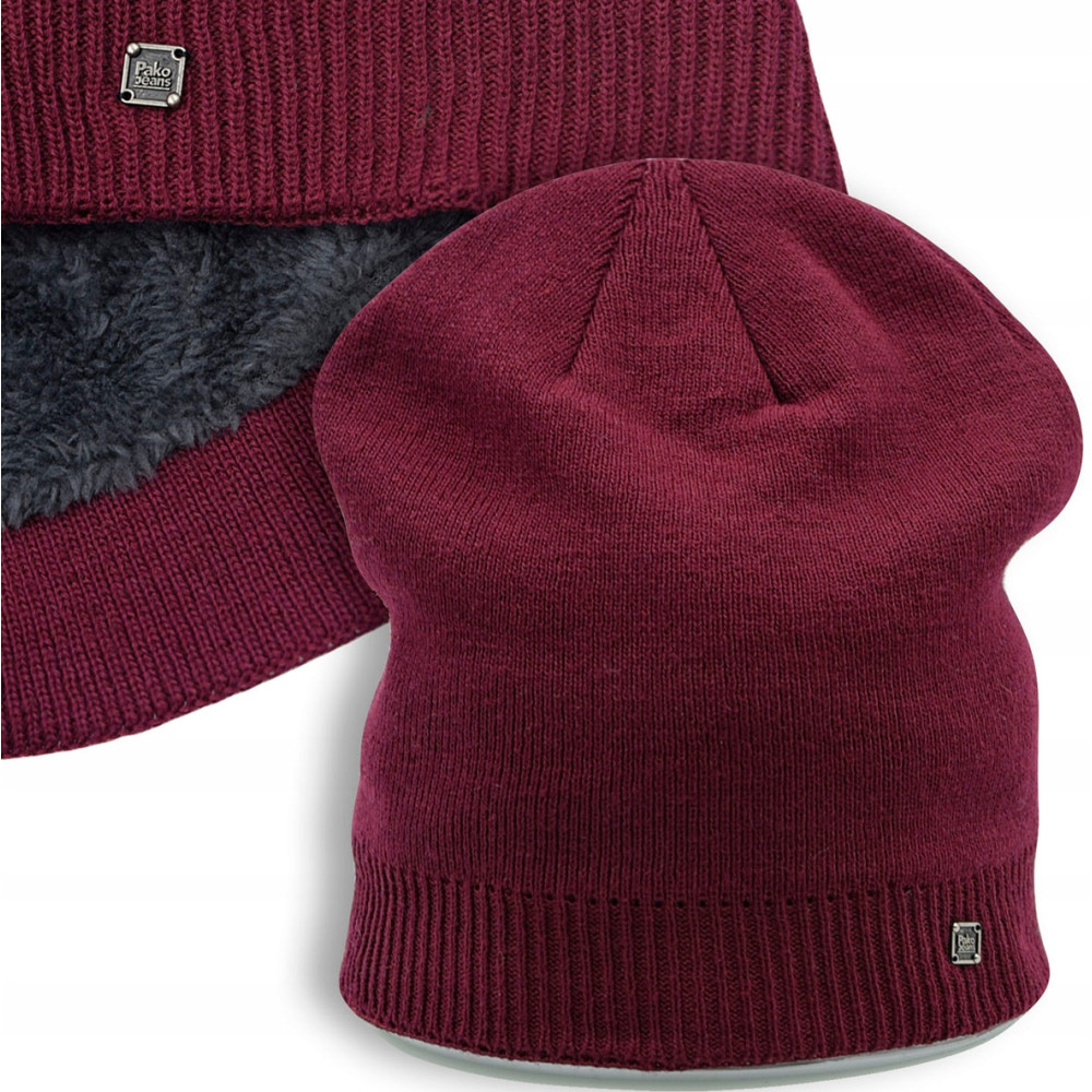CZAPKA zimowa DZIANINOWA ocieplona miękkim futerkiem na mrozy Z.62 BORDOWA - Pakojeans.pl