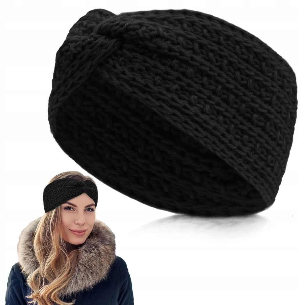 OPASKA Zimowa DAMSKA Turban Na Głowę Na Uszy Przeplatana Ciepła CZARNA - Pakojeans.pl