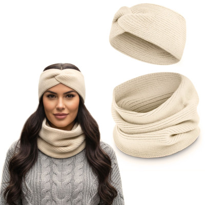 Komplet Damski OPASKA i KOMIN Ciepły Zestaw Zimowy PREMIUM Ecru - Pakojeans.pl