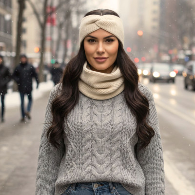 Komplet Damski OPASKA i KOMIN Ciepły Zestaw Zimowy PREMIUM Ecru - Pakojeans.pl