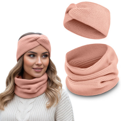 Komplet Damski OPASKA i KOMIN Ciepły Zestaw Zimowy PREMIUM Pudrowy Róż - Pakojeans.pl