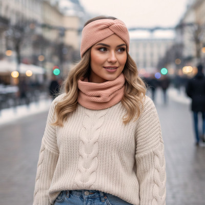 Komplet Damski OPASKA i KOMIN Ciepły Zestaw Zimowy PREMIUM Pudrowy Róż - Pakojeans.pl