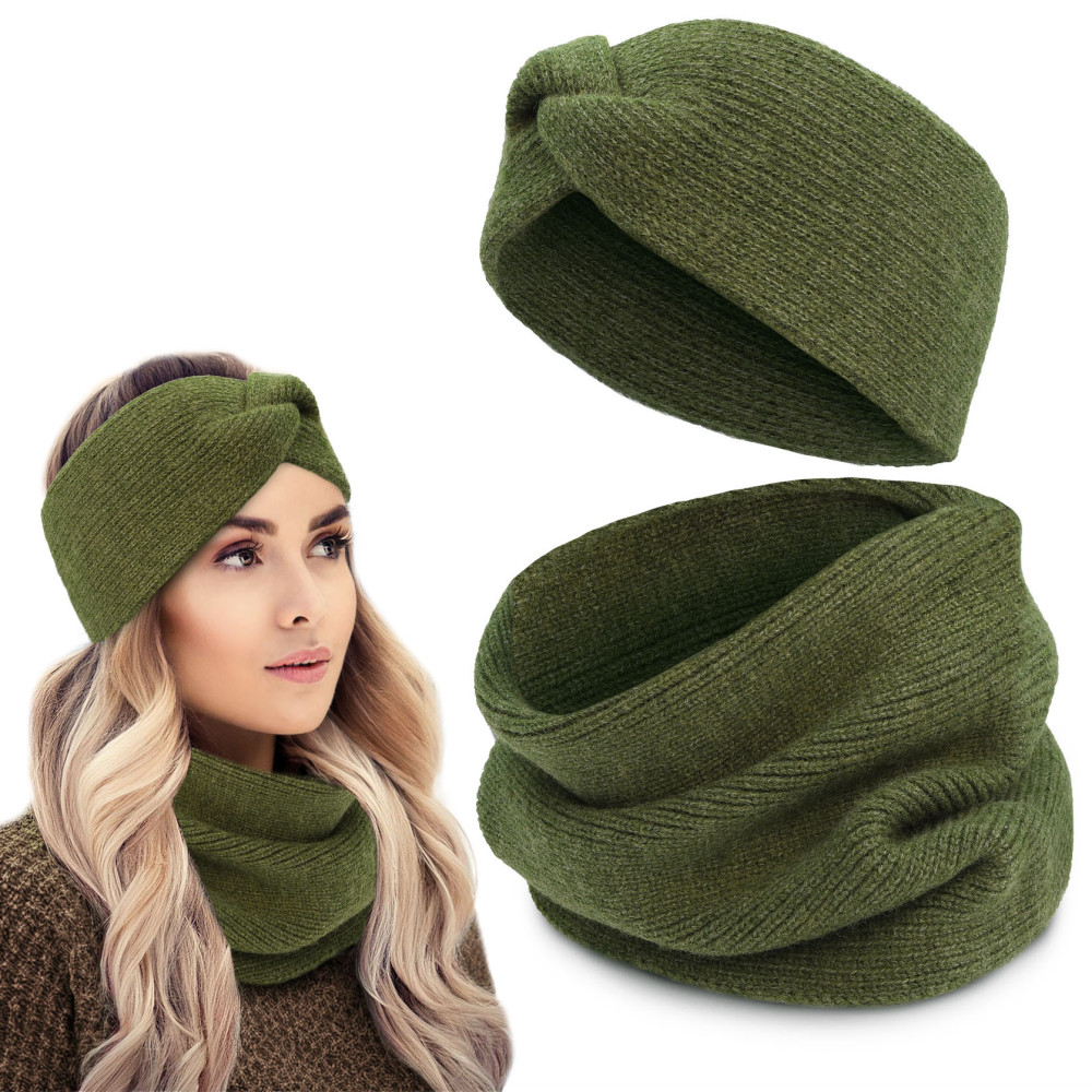 Komplet Damski OPASKA i KOMIN Ciepły Zestaw Zimowy PREMIUM Zielony - Pakojeans.pl