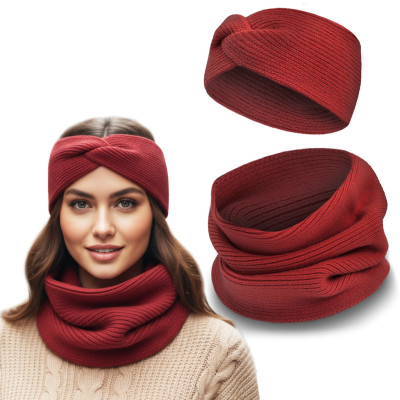 Komplet Damski OPASKA i KOMIN Ciepły Zestaw Zimowy PREMIUM Bordowy - Pakojeans.pl