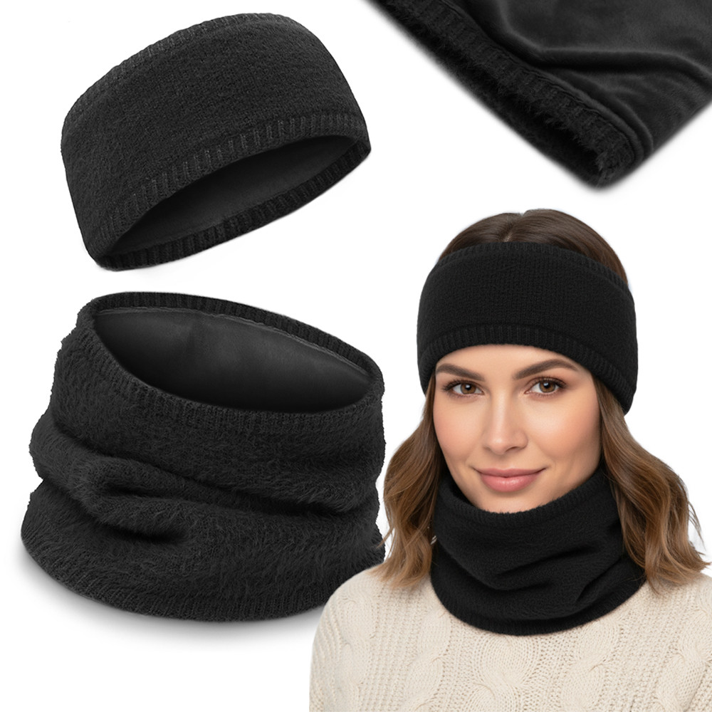 DWUSTRONNY Komplet Damski OPASKA i KOMIN Zestaw Zimowy z Polarem CZARNY - Pakojeans.pl DWUSTRONNY Komplet Damski OPASKA i KOMIN Zestaw Zimowy z Polarem CZARNY - Pakojeans.pl