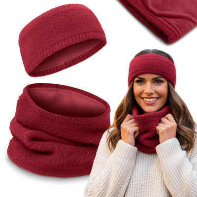 DWUSTRONNY Komplet Damski OPASKA i KOMIN Zestaw Zimowy z Polarem BORDOWY - Pakojeans.pl