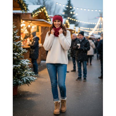 DWUSTRONNY Komplet Damski OPASKA i KOMIN Zestaw Zimowy z Polarem BORDOWY - Pakojeans.pl