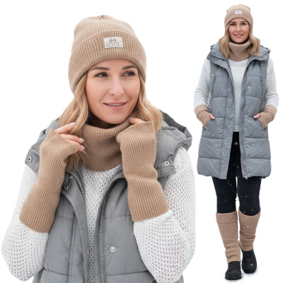 Komplet damski 4w1 Czapka Komin Rękawiczki Getry Ciepły Zestaw - Beżowy - Pakojeans.pl