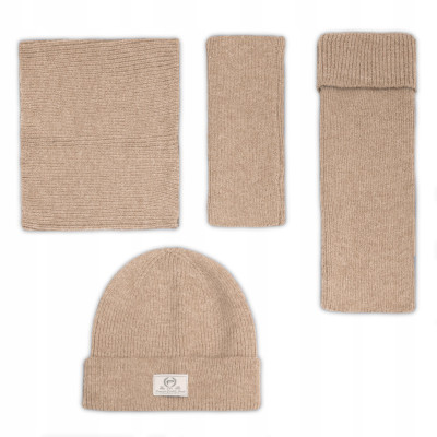 Komplet damski 4w1 Czapka Komin Rękawiczki Getry Ciepły Zestaw - Beżowy - Pakojeans.pl