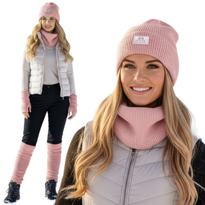 Komplet damski 4w1 Czapka Komin Rękawiczki Getry Ciepły Zestaw - Różowy - Pakojeans.pl