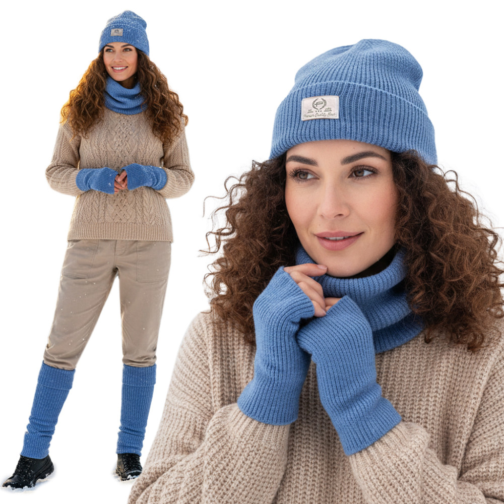 Komplet damski 4w1 Czapka Komin Rękawiczki Getry Ciepły Zestaw - Niebieski - Pakojeans.pl