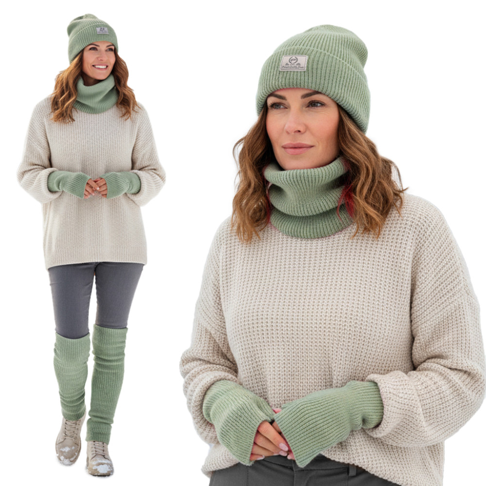 Komplet damski 4w1 Czapka Komin Rękawiczki Getry Ciepły Zestaw - Pistacjowy - Pakojeans.pl