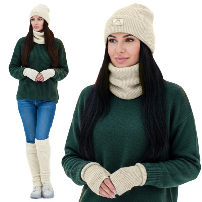 Komplet damski 4w1 Czapka Komin Rękawiczki Getry Ciepły Zestaw - Ecru - Pakojeans.pl