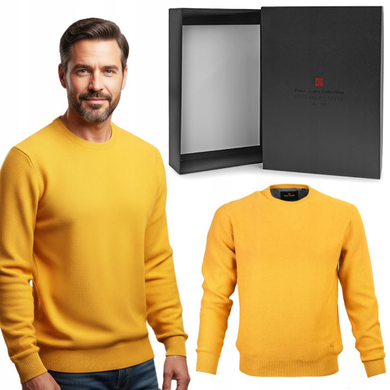Elegancki SWETER Męski GALANT Klasyczny ŻÓŁTY Bawełniany Pako Jeans + Pudełko - Pakojeans.pl