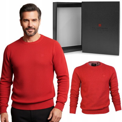 Elegancki SWETER Męski ELEGANT Klasyczny CZERWONY Bawełniany Pako Jeans + Pudełko - Pakojeans.pl
