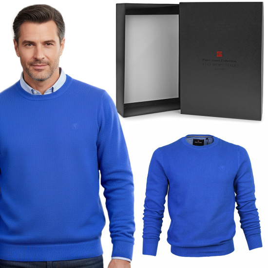 Elegancki SWETER Męski ELEGANT Klasyczny NIEBIESKI Bawełniany Pako Jeans + Pudełko - Pakojeans.pl