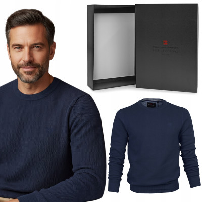 Elegancki SWETER Męski ELEGANT Klasyczny GRANATOWY Bawełniany Pako Jeans + Pudełko - Pakojeans.pl