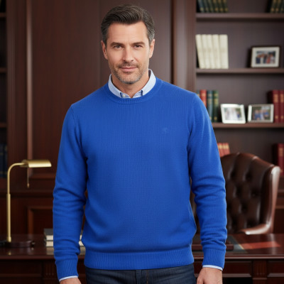 Elegancki SWETER Męski ELEGANT Klasyczny NIEBIESKI Bawełniany Pako Jeans + Pudełko - Pakojeans.pl