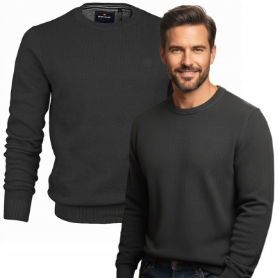 Elegancki SWETER Męski ELEGANT Klasyczny GRAFITOWY Bawełniany Pako Jeans + Pudełko - Pakojeans.pl