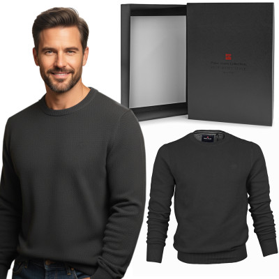 Elegancki SWETER Męski ELEGANT Klasyczny GRAFITOWY Bawełniany Pako Jeans + Pudełko - Pakojeans.pl