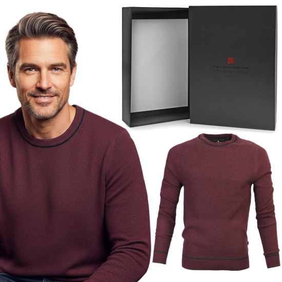 Elegancki SWETER Męski BORDOWY Melanż Bawełniany DANDYS Pako Jeans + Pudełko - Pakojeans.pl