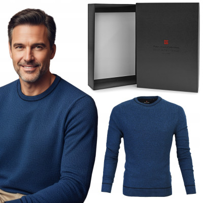 Elegancki SWETER Męski GRANATOWY Melanż Bawełniany DANDYS Pako Jeans + Pudełko - Pakojeans.pl